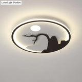 Metallic Round Asian Style Led Wall Mounted Light With Moon And Bird/Lotus Pattern - Black