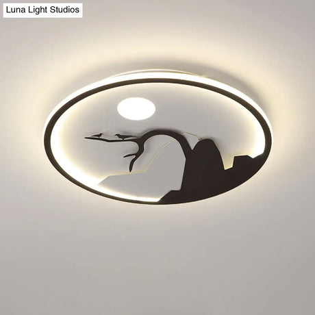 Metallic Round Asian Style Led Wall Mounted Light With Moon And Bird/Lotus Pattern - Black
