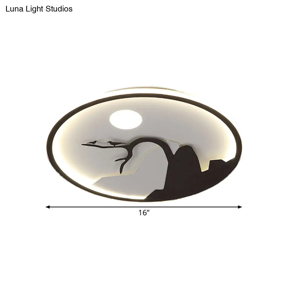 Metallic Round Asian Style Led Wall Mounted Light With Moon And Bird/Lotus Pattern - Black