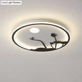 Metallic Round Asian Style Led Wall Mounted Light With Moon And Bird/Lotus Pattern - Black