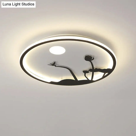 Metallic Round Asian Style Led Wall Mounted Light With Moon And Bird/Lotus Pattern - Black
