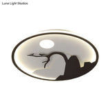 Metallic Round Asian Style Led Wall Mounted Light With Moon And Bird/Lotus Pattern - Black