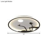 Metallic Round Asian Style Led Wall Mounted Light With Moon And Bird/Lotus Pattern - Black