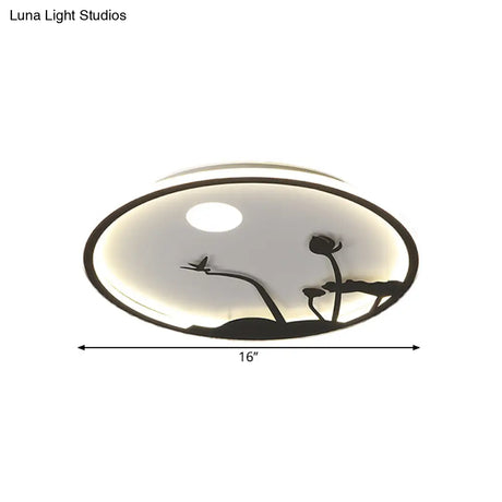 Metallic Round Asian Style Led Wall Mounted Light With Moon And Bird/Lotus Pattern - Black