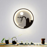 Metallic Round Asian Style Led Wall Mounted Light With Moon And Bird/Lotus Pattern - Black / A