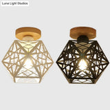 Metallic Semi Flush Mount Bulb - Loft Style Ceiling Light Fixture With Pentagon Cage Black/White