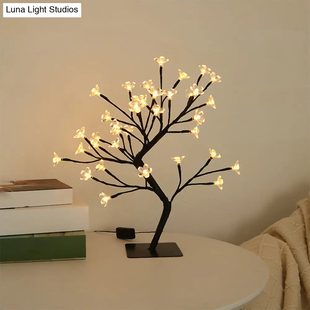 Metallic Tree Branch Led Table Lamp Black Usb Nightstand Light With Plastic Flower Décor - Modern