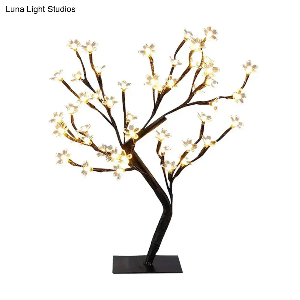 Metallic Tree Branch Led Table Lamp Black Usb Nightstand Light With Plastic Flower Décor - Modern