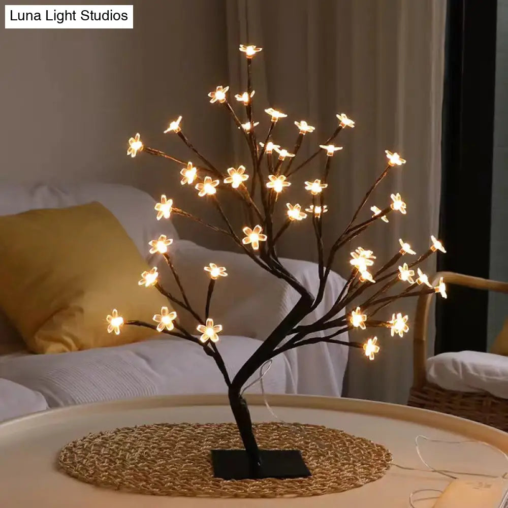 Metallic Tree Branch Led Table Lamp Black Usb Nightstand Light With Plastic Flower Décor - Modern