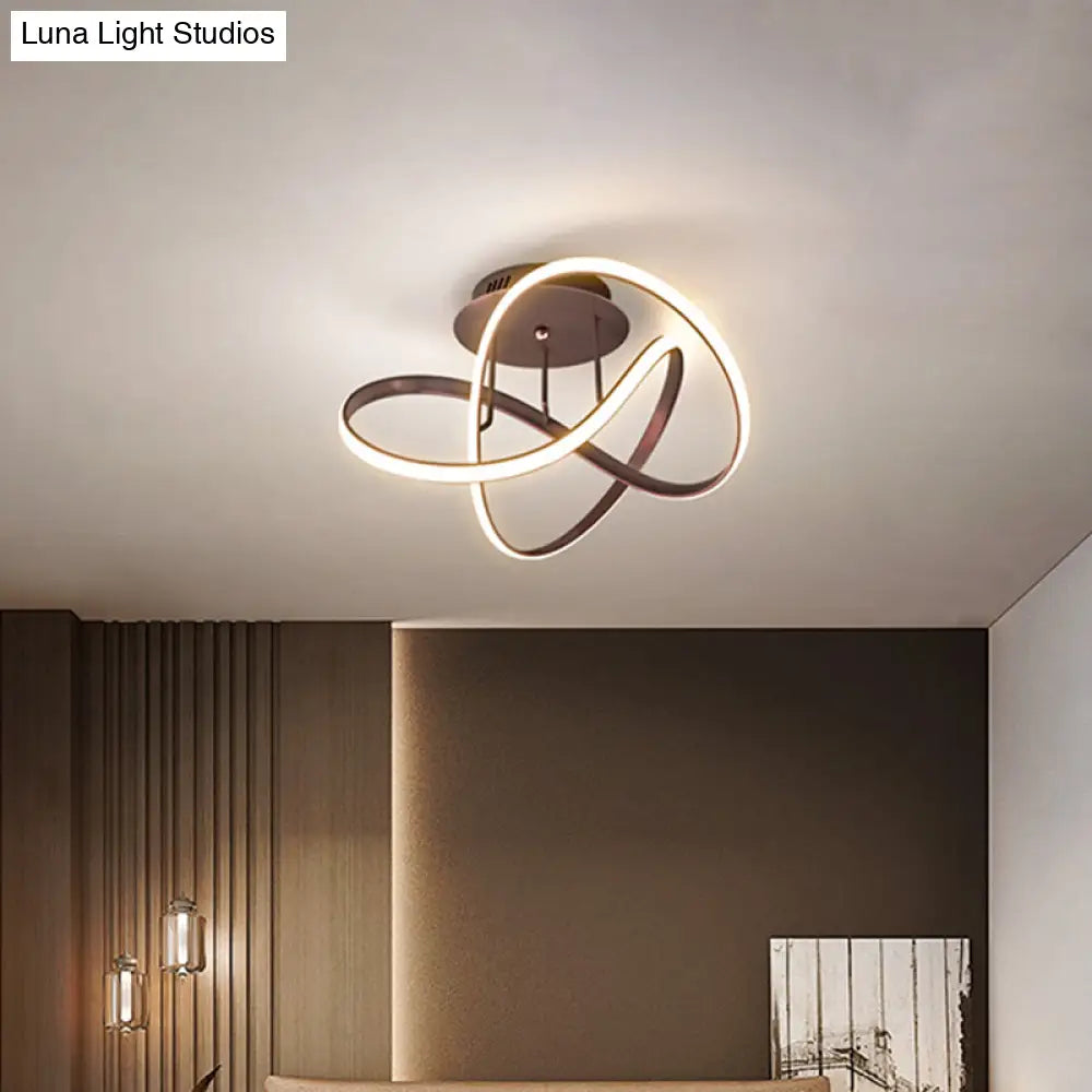 Metallic Twisted Semi Flush Led Ceiling Light In Nordic Black/White/Coffee For Bedroom