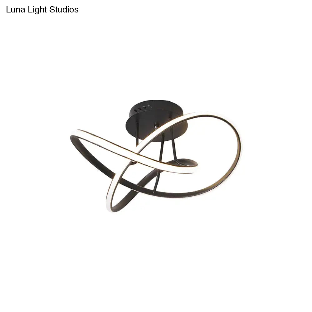 Metallic Twisted Semi Flush Led Ceiling Light In Nordic Black/White/Coffee For Bedroom