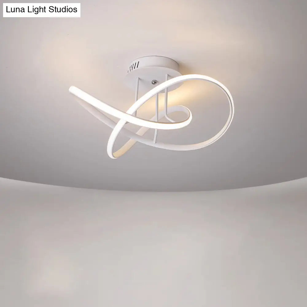Metallic Twisted Semi Flush Led Ceiling Light In Nordic Black/White/Coffee For Bedroom