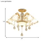 Mid Century 6-Light Flower K9 Crystal Semi Flush Mount Ceiling Fixture In Gold Finish