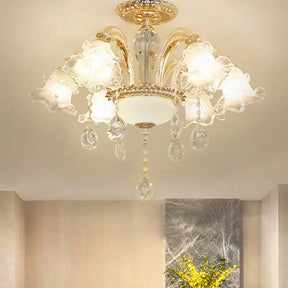 Mid Century 6-Light Flower K9 Crystal Semi Flush Mount Ceiling Fixture In Gold Finish
