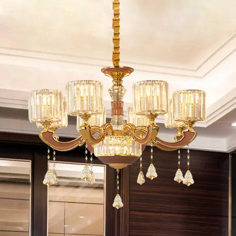 Mid Century 8-Light Crystal Block Chandelier Pendant Lamp - Gold Finish