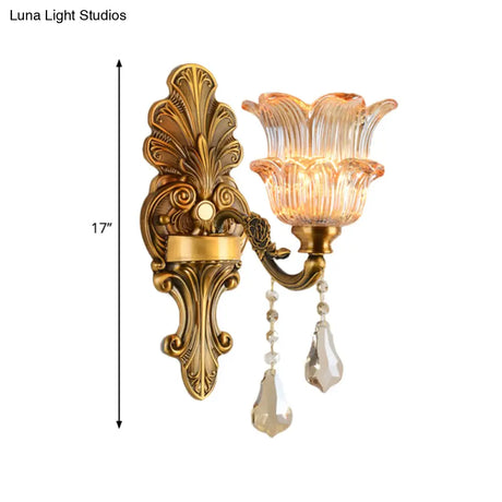 Mid Century Brass Wall Lamp With Clear Crystal Glass Flower Shade