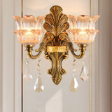 Mid Century Brass Wall Lamp With Clear Crystal Glass Flower Shade 2 /