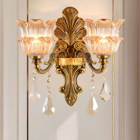 Mid Century Brass Wall Lamp With Clear Crystal Glass Flower Shade 2 /