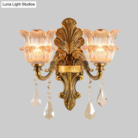 Mid Century Brass Wall Lamp With Clear Crystal Glass Flower Shade