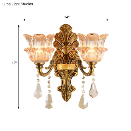 Mid Century Brass Wall Lamp With Clear Crystal Glass Flower Shade