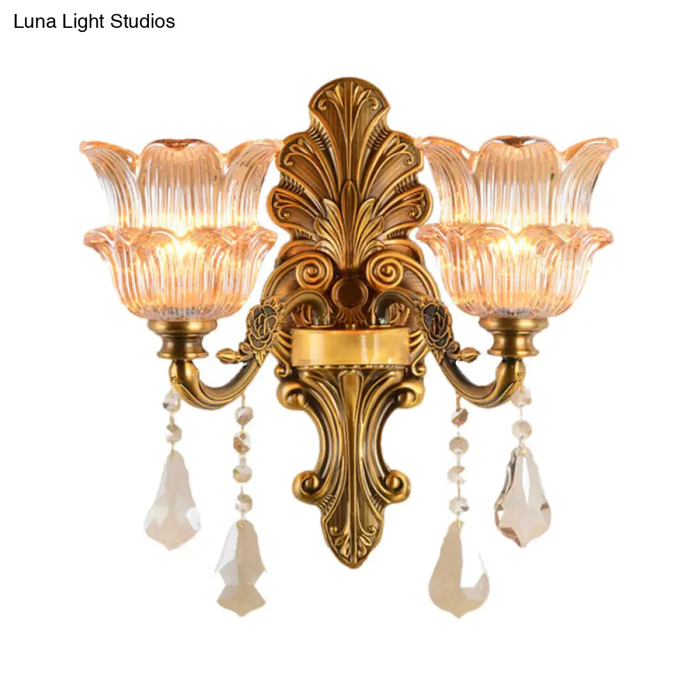Mid Century Brass Wall Lamp With Clear Crystal Glass Flower Shade