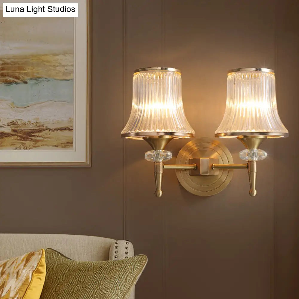 Mid-Century Crystal Ribbed Wall Mounted Lamp - Brass Flush Sconce For Living Room