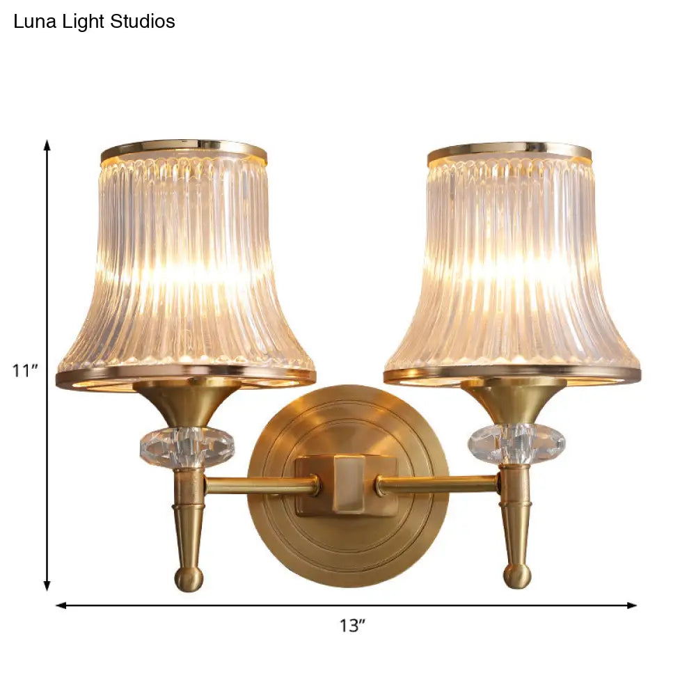 Mid-Century Crystal Ribbed Wall Mounted Lamp - Brass Flush Sconce For Living Room
