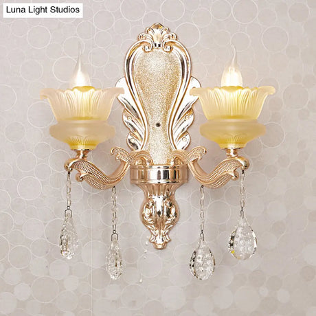 Mid-Century Crystal Wall Sconce With 2-Bulb Floral Design In Gold For Living Room Lighting