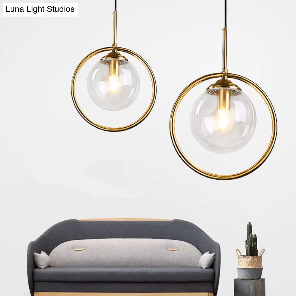 Mid-Century Globe Hanging Lamp With Glass Shade & Metal Ring - Perfect For Bedrooms