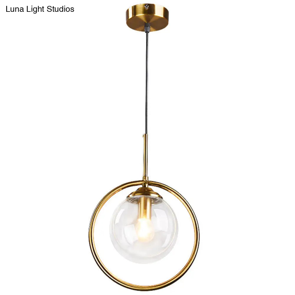 Mid-Century Globe Hanging Lamp With Glass Shade & Metal Ring - Perfect For Bedrooms