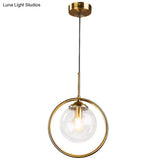 Mid-Century Globe Hanging Lamp With Glass Shade & Metal Ring - Perfect For Bedrooms