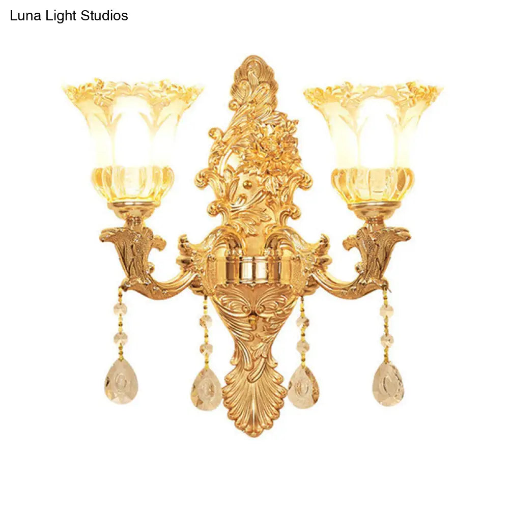 Mid Century Gold Flower Wall Sconce - 2-Light Ruffle Glass Lamp
