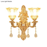 Mid Century Gold Flower Wall Sconce - 2-Light Ruffle Glass Lamp