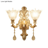 Mid-Century Gold Latticed Glass Wall Sconce - Flower Clear 1/2-Light Hallway Lighting