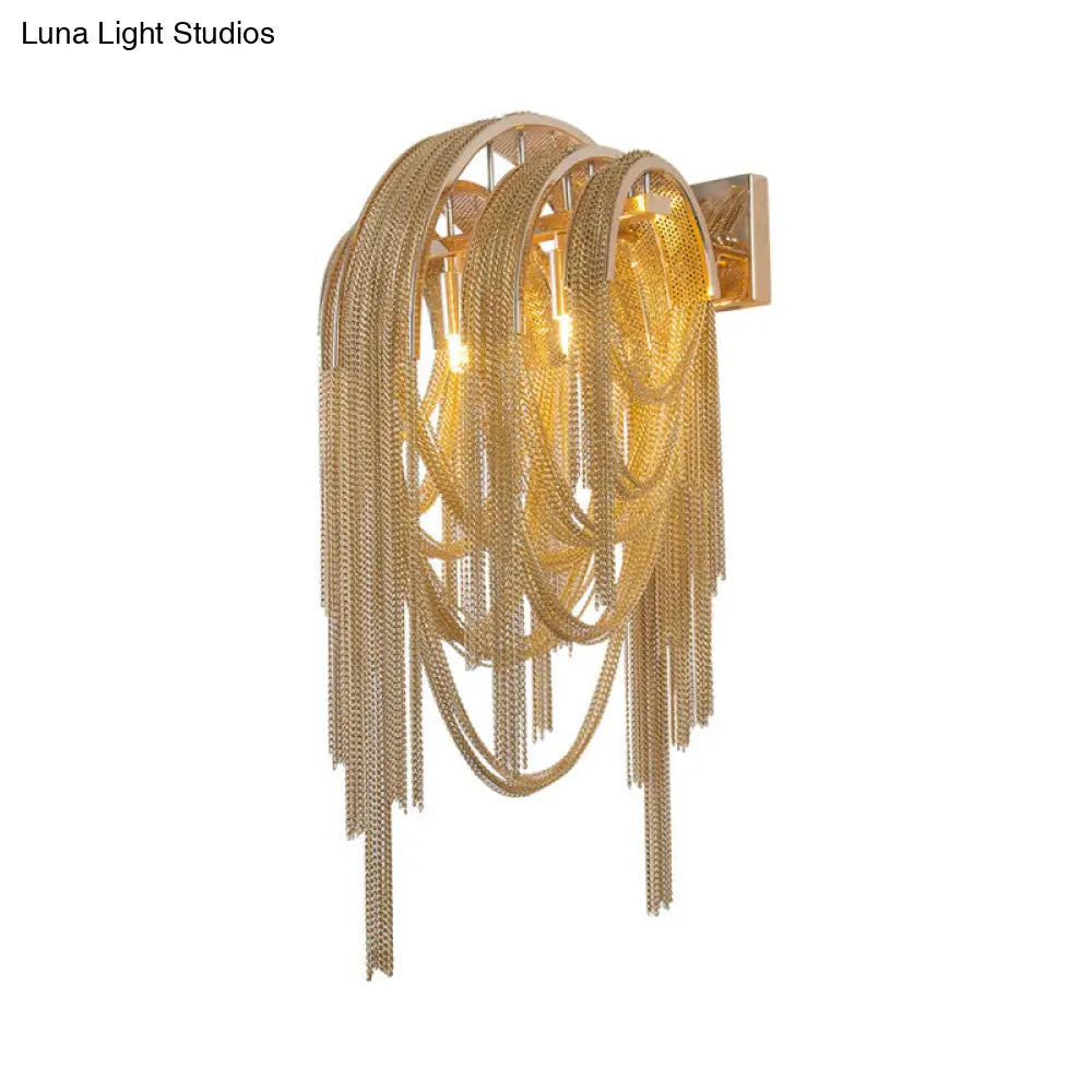 Mid Century Gold/Silver Stacked Tassel Wall Lamp - 2 Bulb Metallic Sconce Light Fixture For Hotel
