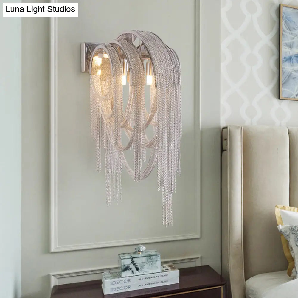 Mid Century Gold/Silver Stacked Tassel Wall Lamp - 2 Bulb Metallic Sconce Light Fixture For Hotel