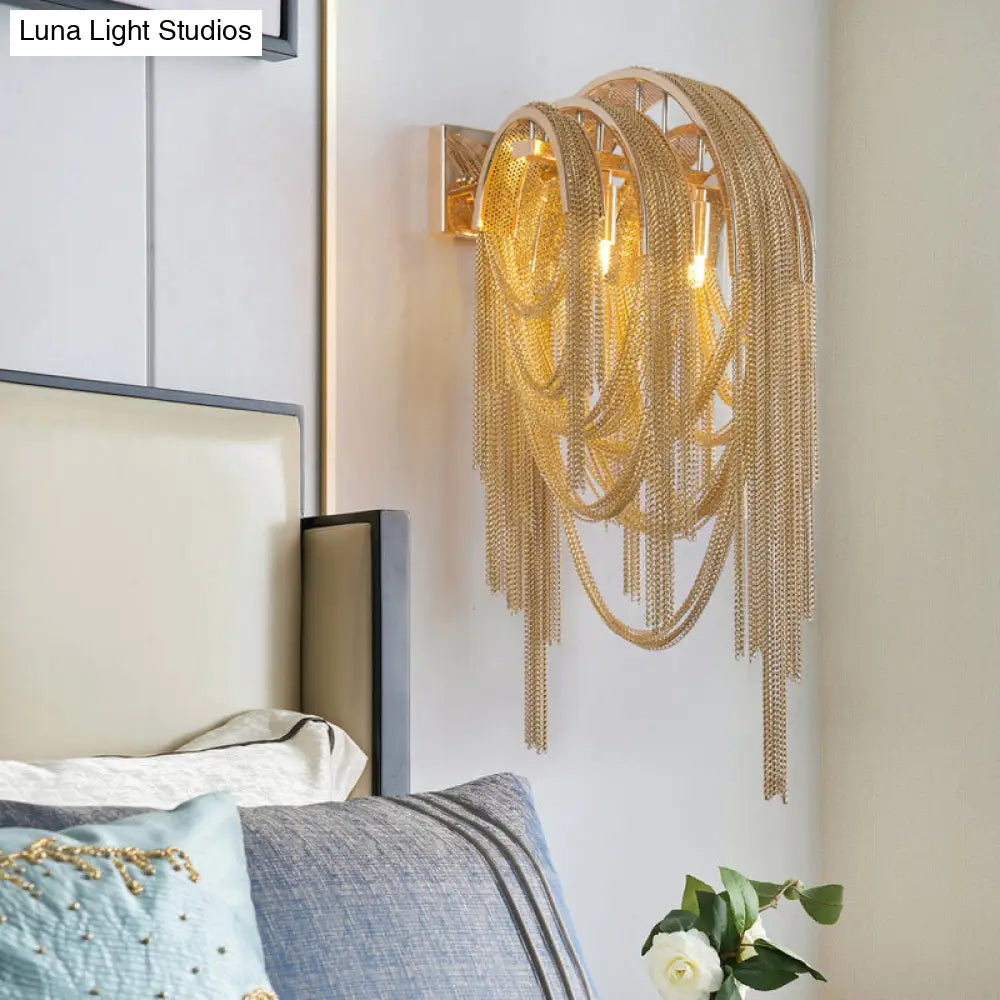 Mid Century Gold/Silver Stacked Tassel Wall Lamp - 2 Bulb Metallic Sconce Light Fixture For Hotel