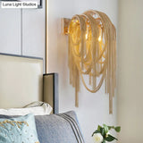 Mid Century Gold/Silver Stacked Tassel Wall Lamp - 2 Bulb Metallic Sconce Light Fixture For Hotel