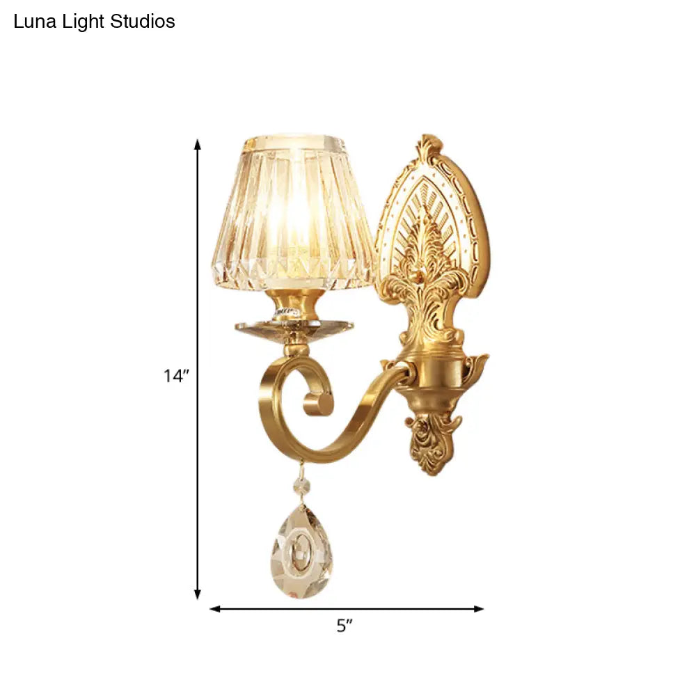 Mid-Century Gold Tapered Flush Mount Wall Sconce - 1 Light Crystal Fixture For Living Room