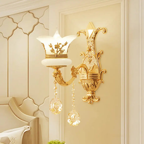 Mid-Century Gold Wall Mounted Lamp With Frosted Glass - Flower Bedside Light Fixture 1 /