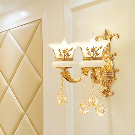 Mid-Century Gold Wall Mounted Lamp With Frosted Glass - Flower Bedside Light Fixture 2 /