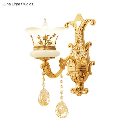 Mid-Century Gold Wall Mounted Lamp With Frosted Glass - Flower Bedside Light Fixture