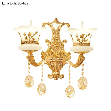 Mid-Century Gold Wall Mounted Lamp With Frosted Glass - Flower Bedside Light Fixture