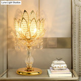 Mid-Century Lotus Crystal Table Lamp With Gold Base - Clear Bulb Light For Bedroom Nightstand