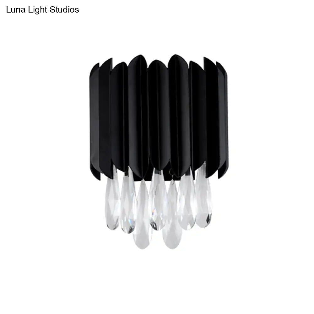 Mid Century Metal Wall Sconce With Crystal Droplets In Black - 2-Light Flush Mount