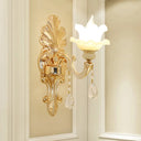 Mid Century Opal Glass Wall Sconce With Gold Finish & Flower Shade - Single Light Mounted
