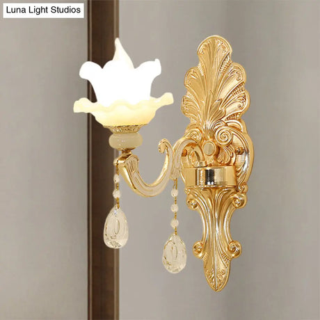 Mid Century Opal Glass Wall Sconce With Gold Finish & Flower Shade - Single Light Mounted