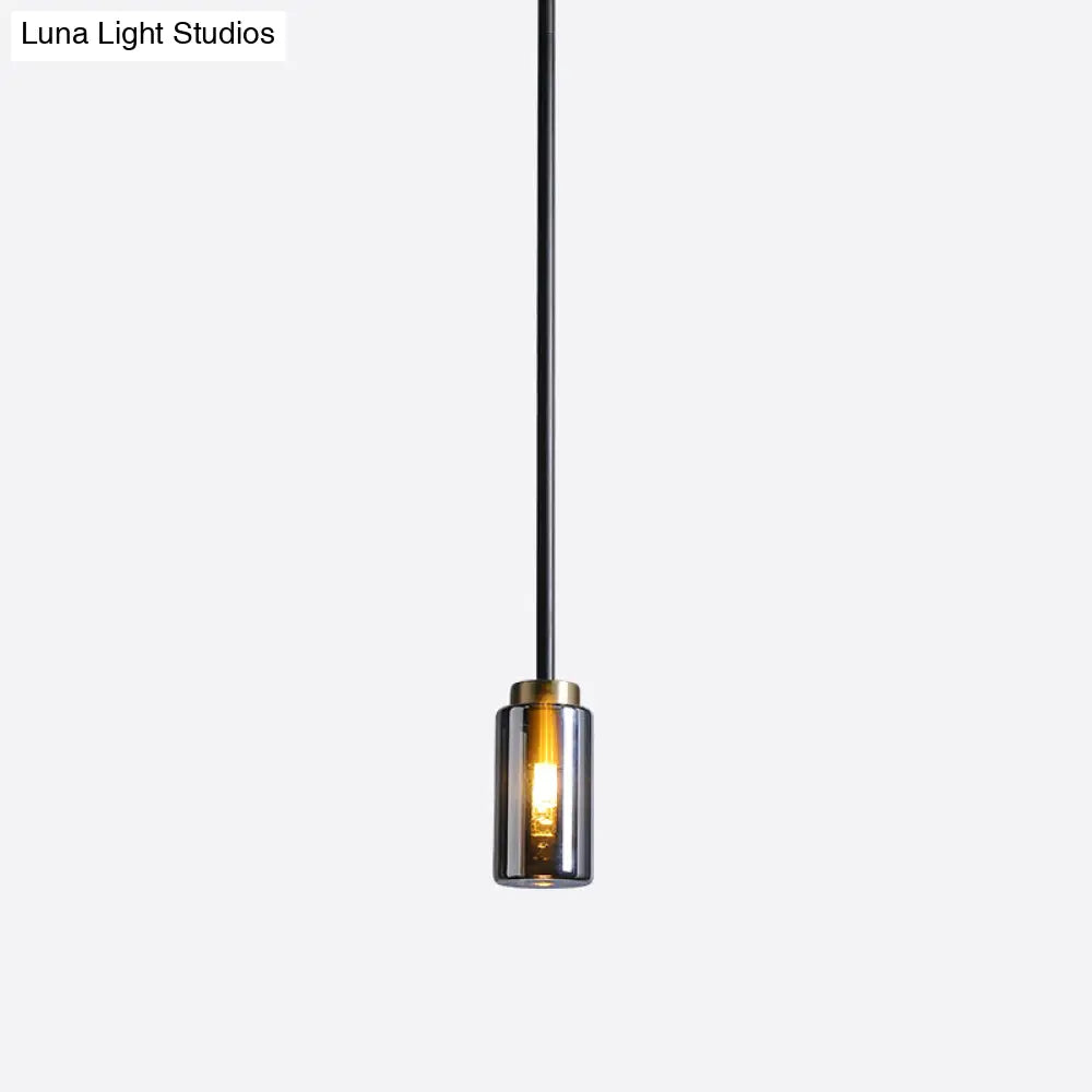 Mid Century Single Pendant: Smoke Grey Glass In Black Suspension Small Bottle Style