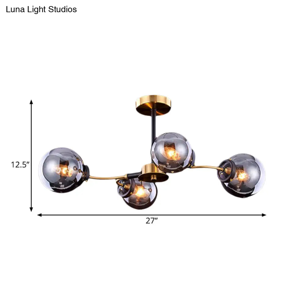 Mid Century Smoke Grey Glass Semi Flush Ceiling Light Fixture - 4 Bulbs For Bedroom Lighting