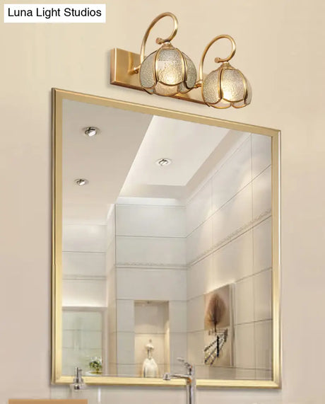 Mid-Century Style Brass Vanity Sconce With Glass Shade For Bathroom Lighting